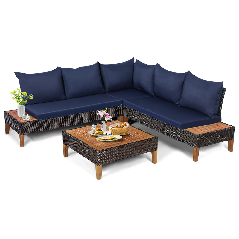 4PCS Acacia Wood Patio Furniture Set Rattan Conversation Set w/ Navy Cushions Image 2