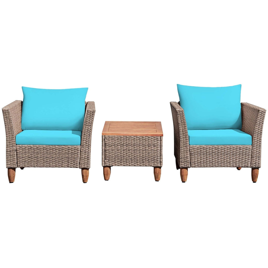 Costway 3PCS Patio Wicker Rattan Sofa Set Furniture Acacia Wood Conversation Grey/Red/Turquoise/Navy/Black/Mix Brown Image 5