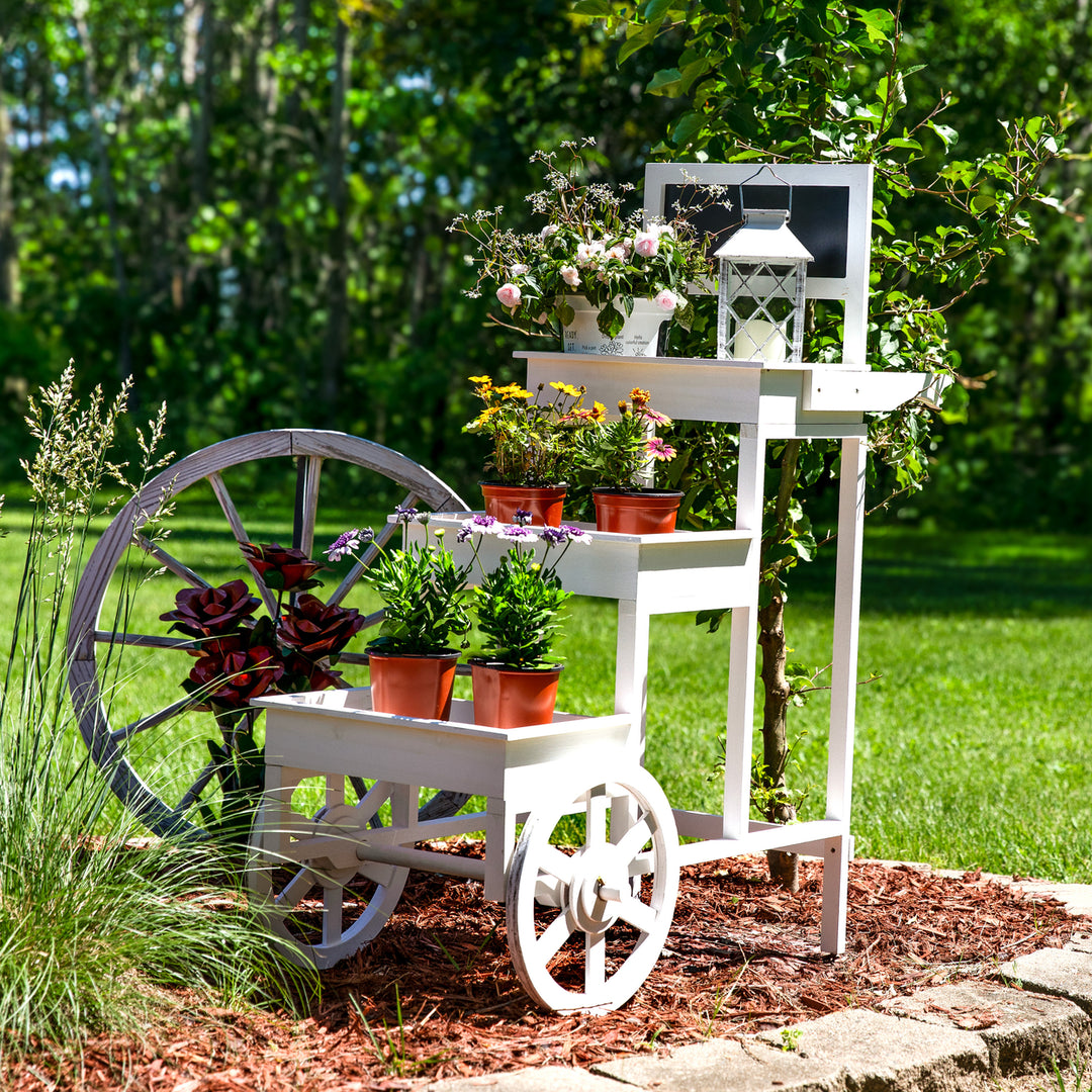 Sunnydaze 3-Tiered Fir Wood Plant Stand with Chalkboard - White Image 8