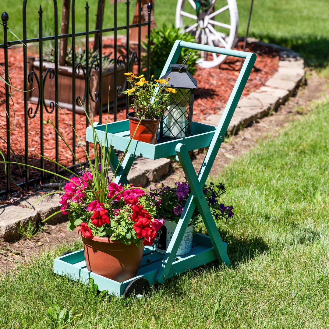 Sunnydaze 2-Tier Fir Wheeled Planter Stand - Robin Egg Blue Image 6