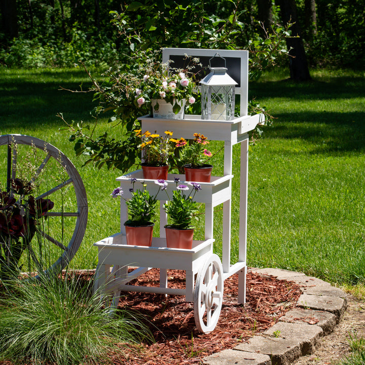 Sunnydaze 3-Tiered Fir Wood Plant Stand with Chalkboard - White Image 6