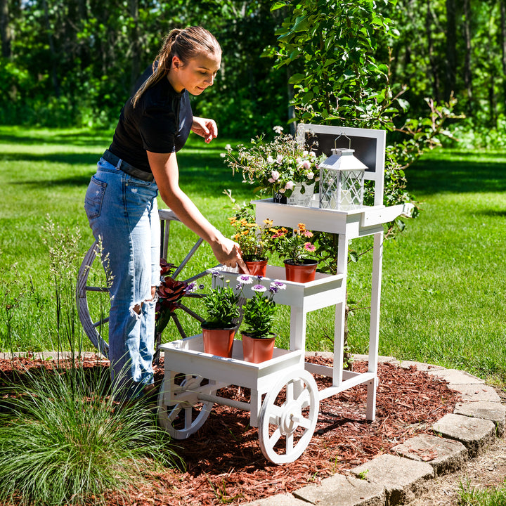 Sunnydaze 3-Tiered Fir Wood Plant Stand with Chalkboard - White Image 9