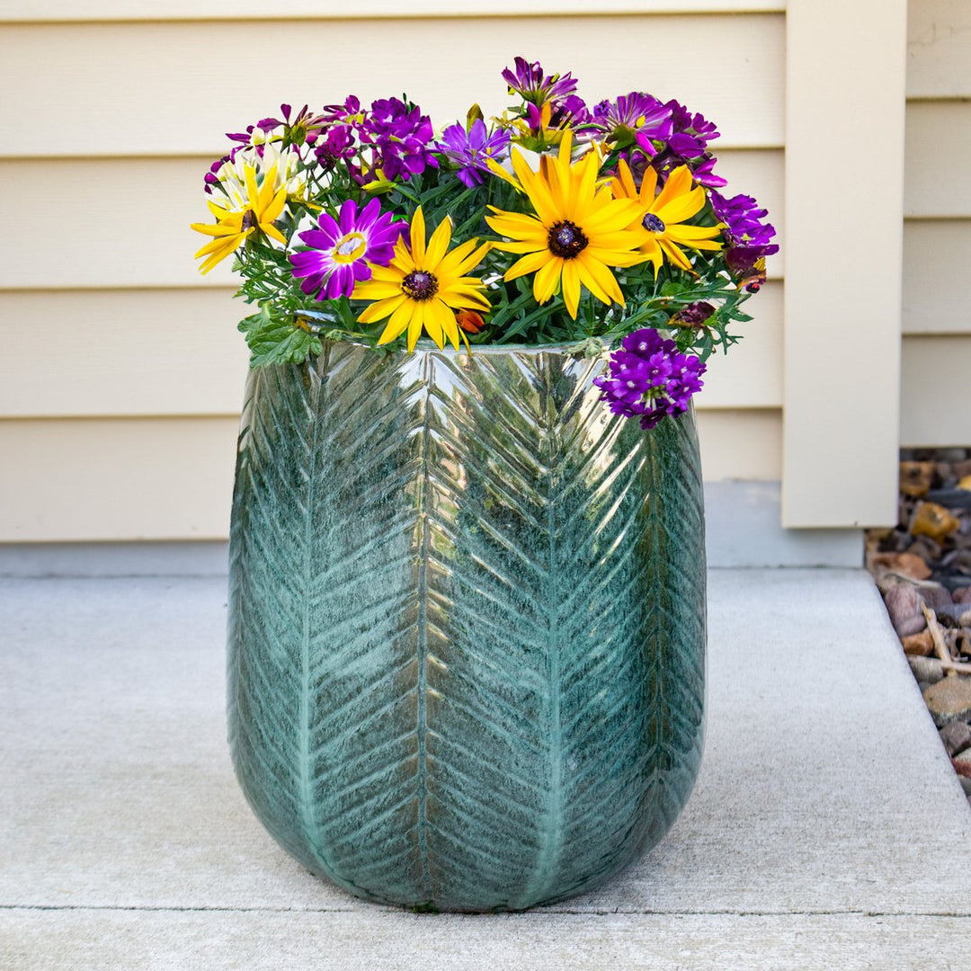 Sunnydaze 10" Chevron Pattern Ceramic Outdoor Planter - Dark Olive Image 3