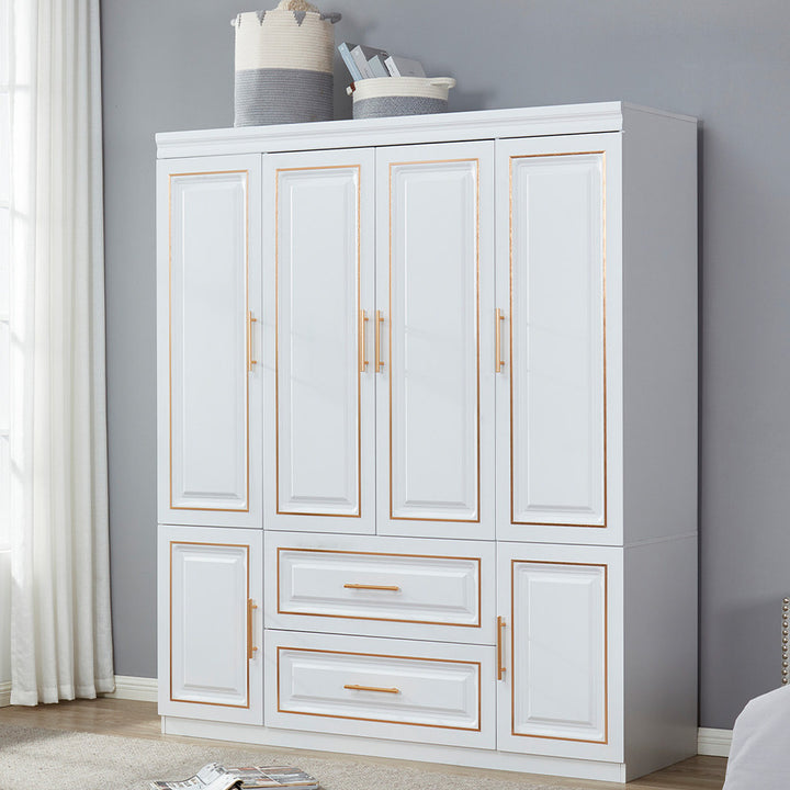 LivelyLodge 74" White Wooden Wardrobe Closet 4 Doors 2 Drawers Freestanding Image 1