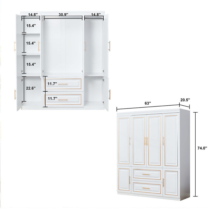 LivelyLodge 74" White Wooden Wardrobe Closet 4 Doors 2 Drawers Freestanding Image 8