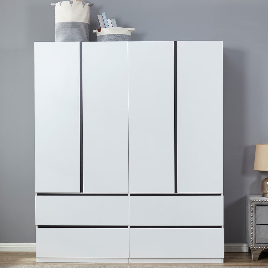 LivelyLodge 74.2" H 4 Doors White Wood Wardrobe Closet Armoire with Black line Bedroom Freestanding Clothes Storage Image 1