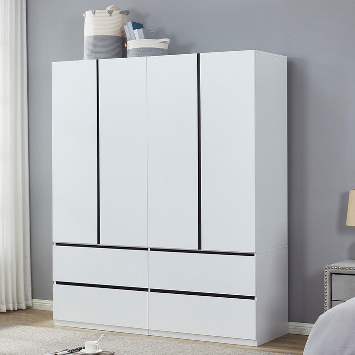 LivelyLodge 74.2" H 4 Doors White Wood Wardrobe Closet Armoire with Black line Bedroom Freestanding Clothes Storage Image 3