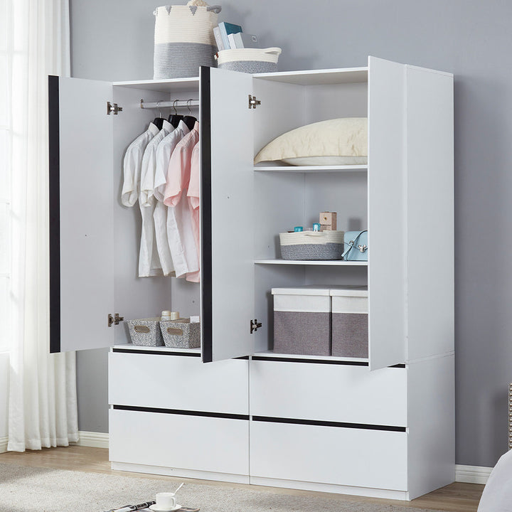 LivelyLodge 74.2" H 4 Doors White Wood Wardrobe Closet Armoire with Black line Bedroom Freestanding Clothes Storage Image 4