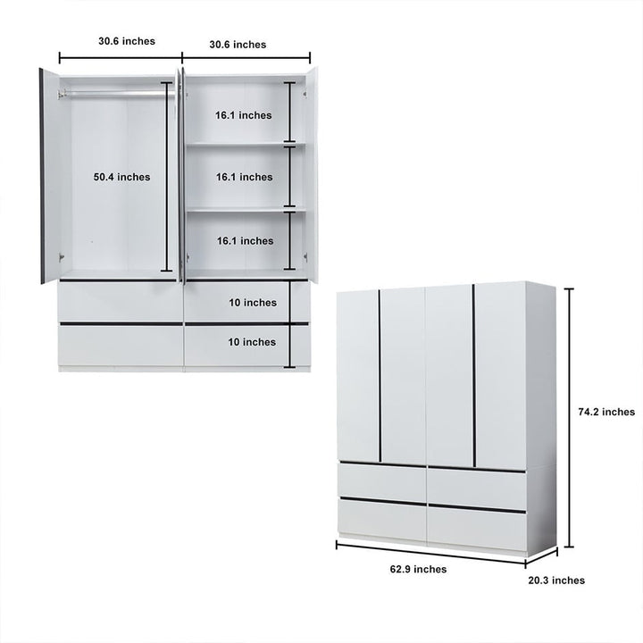 LivelyLodge 74.2" H 4 Doors White Wood Wardrobe Closet Armoire with Black line Bedroom Freestanding Clothes Storage Image 6