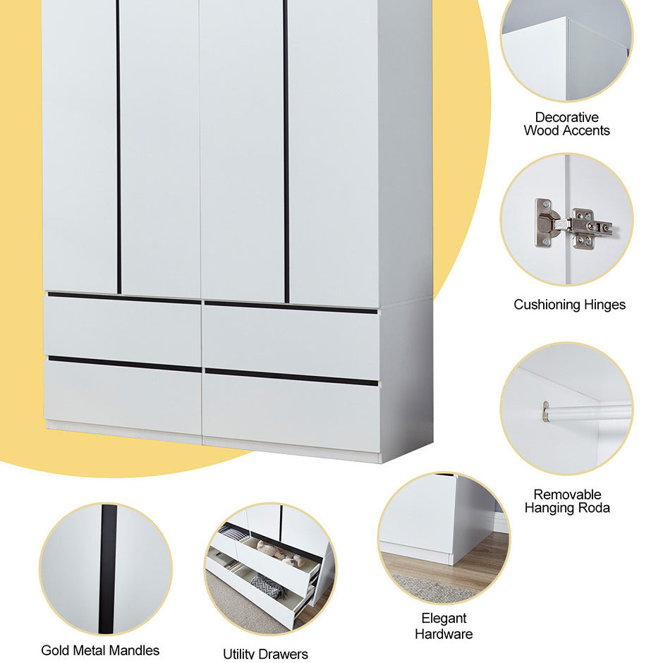 LivelyLodge 74.2" H 4 Doors White Wood Wardrobe Closet Armoire with Black line Bedroom Freestanding Clothes Storage Image 7