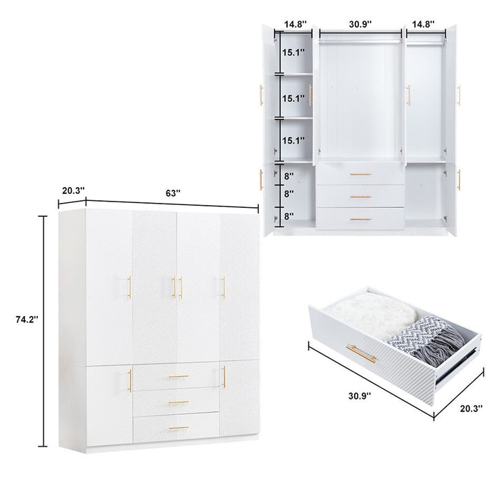 LivelyLodge 74.2" White Wardrobe Closet Armoire with 4 Doors 3 Drawers Storage Image 8