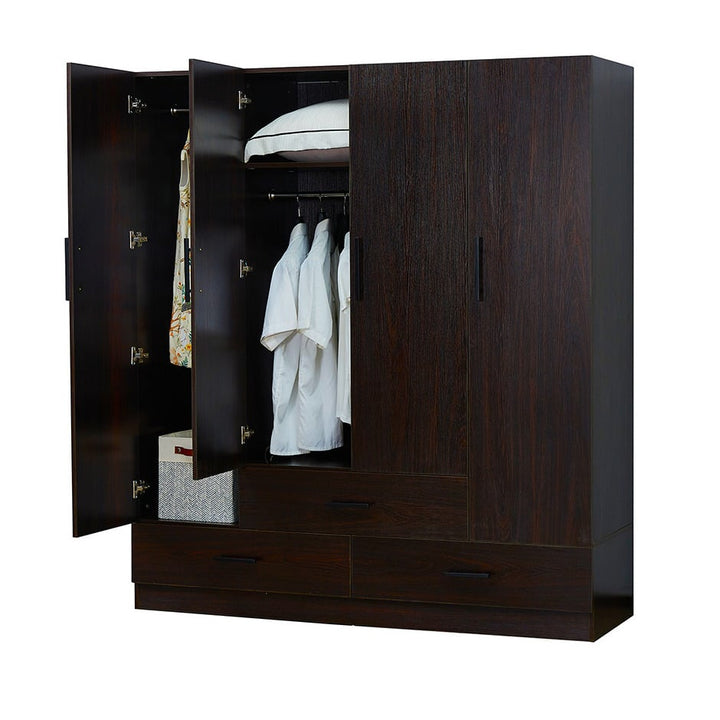 LivelyLodge Wooden Wardrobe Closet 71" High 4 Doors with Drawers and Mirror Image 3