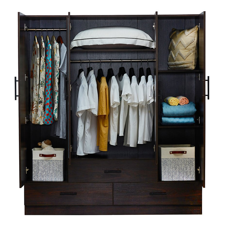 LivelyLodge Wooden Wardrobe Closet 71" High 4 Doors with Drawers and Mirror Image 4