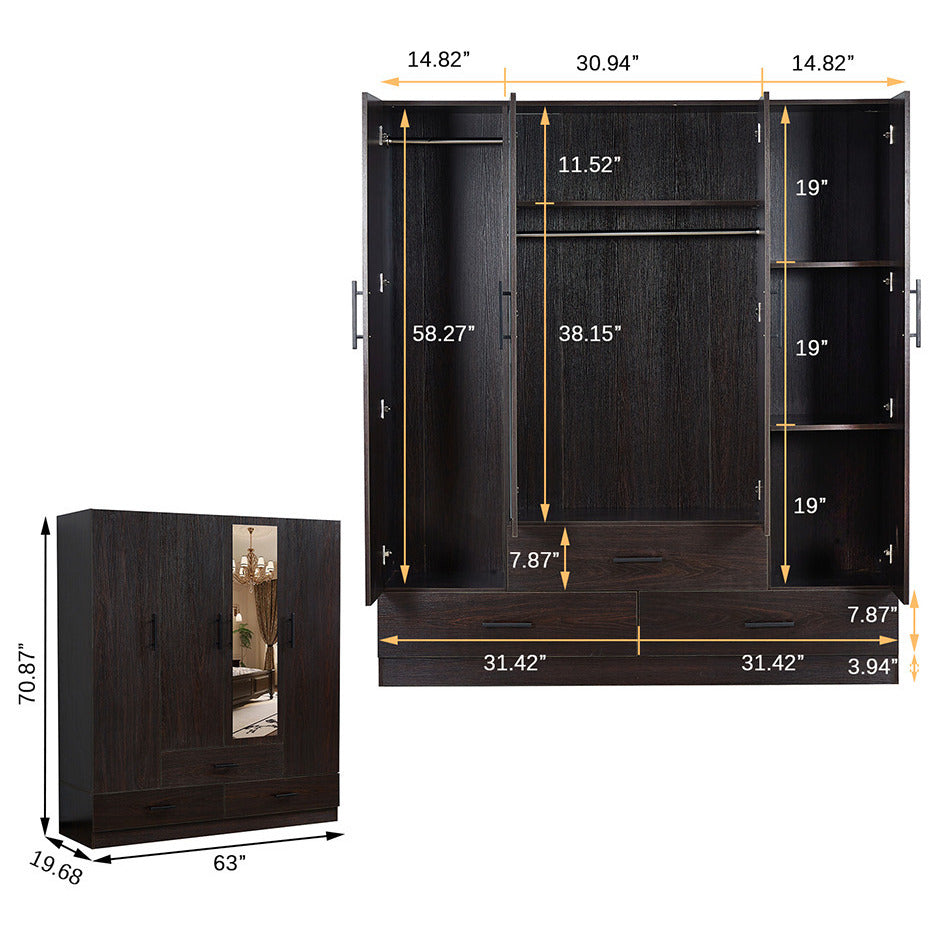 LivelyLodge Wooden Wardrobe Closet 71" High 4 Doors with Drawers and Mirror Image 5