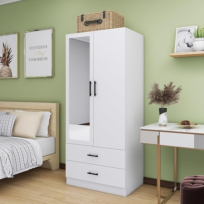 Livelylodge White Armoire Wardrobe Closet, Wardrobe Closet with 2 Drawers and 2 Doors, Wardrobe Cabinet with Mirror and Image 1