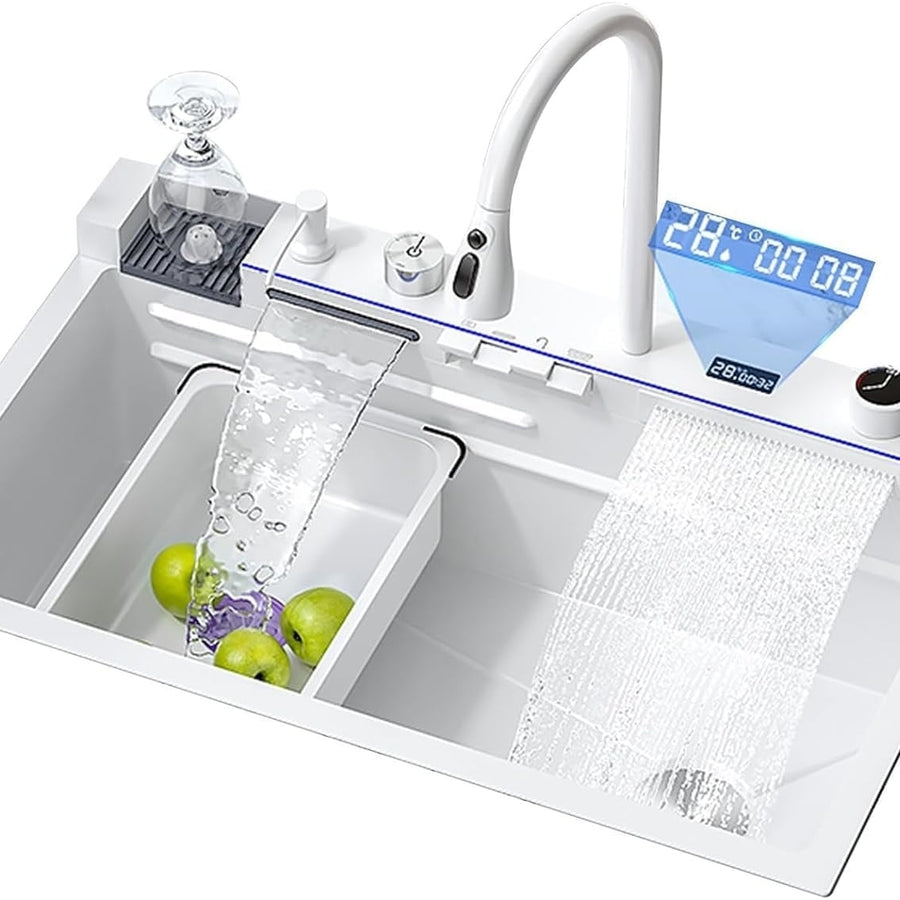 Nano White Waterfall Sink 29.5 Inch Integrated Pull-Out Tap Stainless Steel Image 1