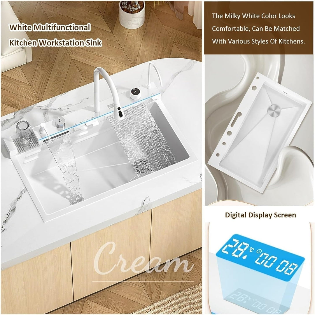 Nano White Waterfall Sink 29.5 Inch Integrated Pull-Out Tap Stainless Steel Image 6