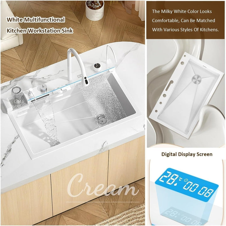 Nano White Waterfall Sink 29.5 Inch Integrated Pull-Out Tap Stainless Steel Image 6