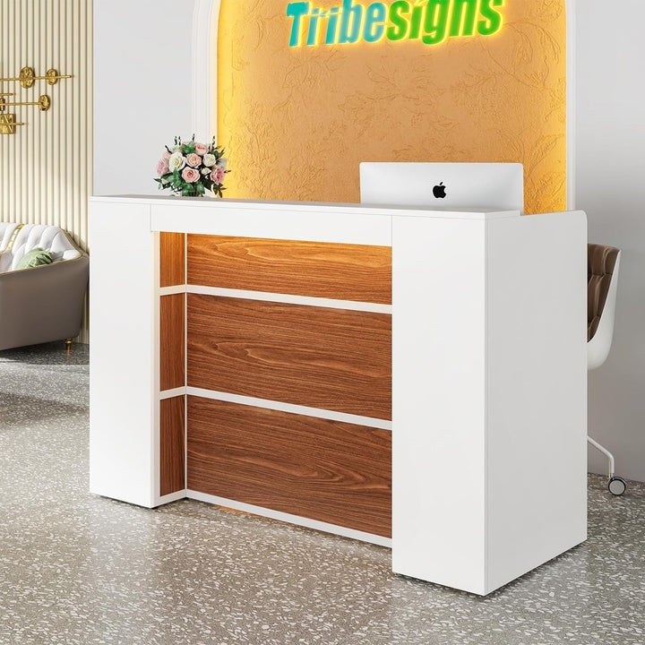 Tribesigns 63 Inch Reception Desk with LED Lights Modern White Brown Checkout Counter Image 3