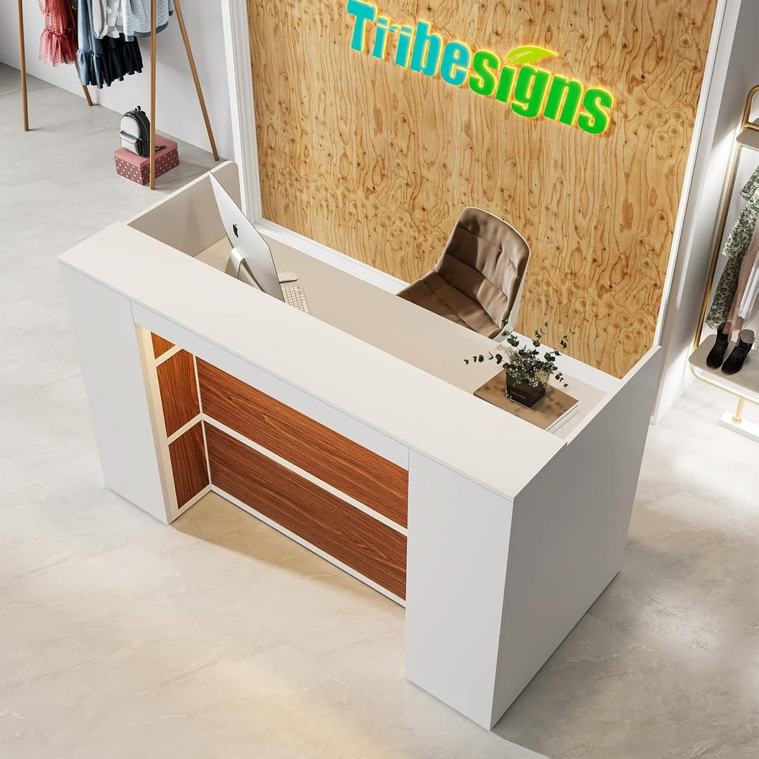 Tribesigns 63 Inch Reception Desk with LED Lights Modern White Brown Checkout Counter Image 4