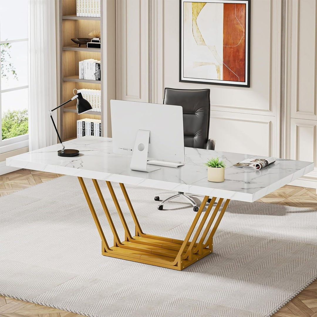 Tribesigns 63-Inch Modern Computer Desk Gold Frame Large Office Desk Marble Top Image 1