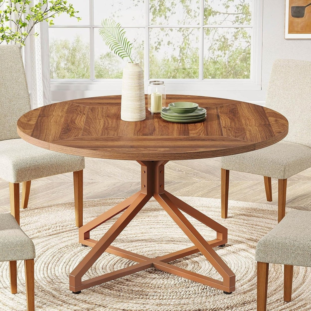 Tribesigns Round Dining Table for 4-6 People, 47-Inch Circle Kitchen Table Dining Room Table with Metal Pedestal Base Image 1