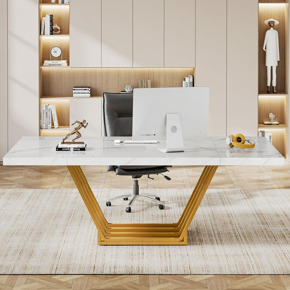 Tribesigns 63-Inch Modern Computer Desk Gold Frame Large Office Desk Marble Top Image 2