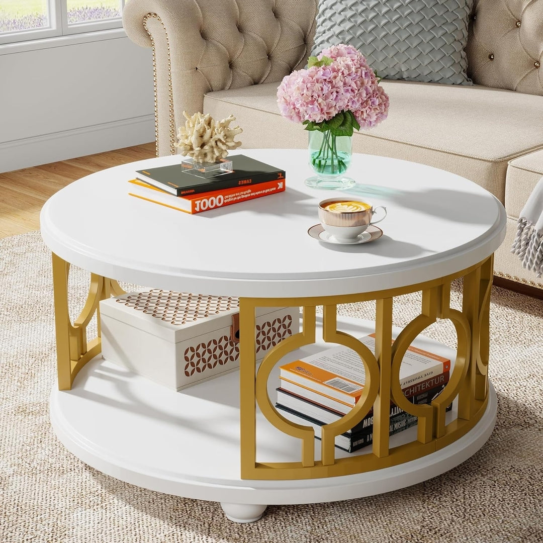 Tribesigns Round Coffee Table Modern White 2-Tier Storage Shelf Living Room Office Image 1