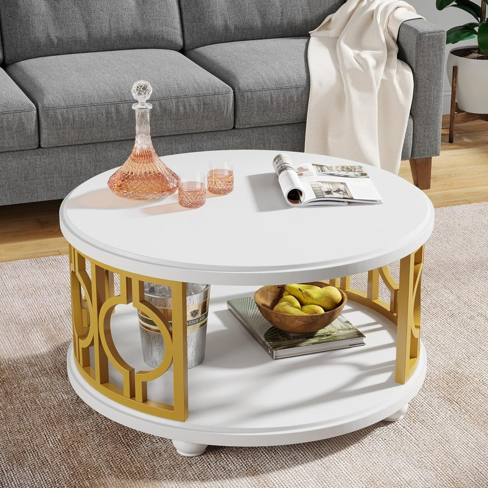 Tribesigns Round Coffee Table Modern White 2-Tier Storage Shelf Living Room Office Image 2