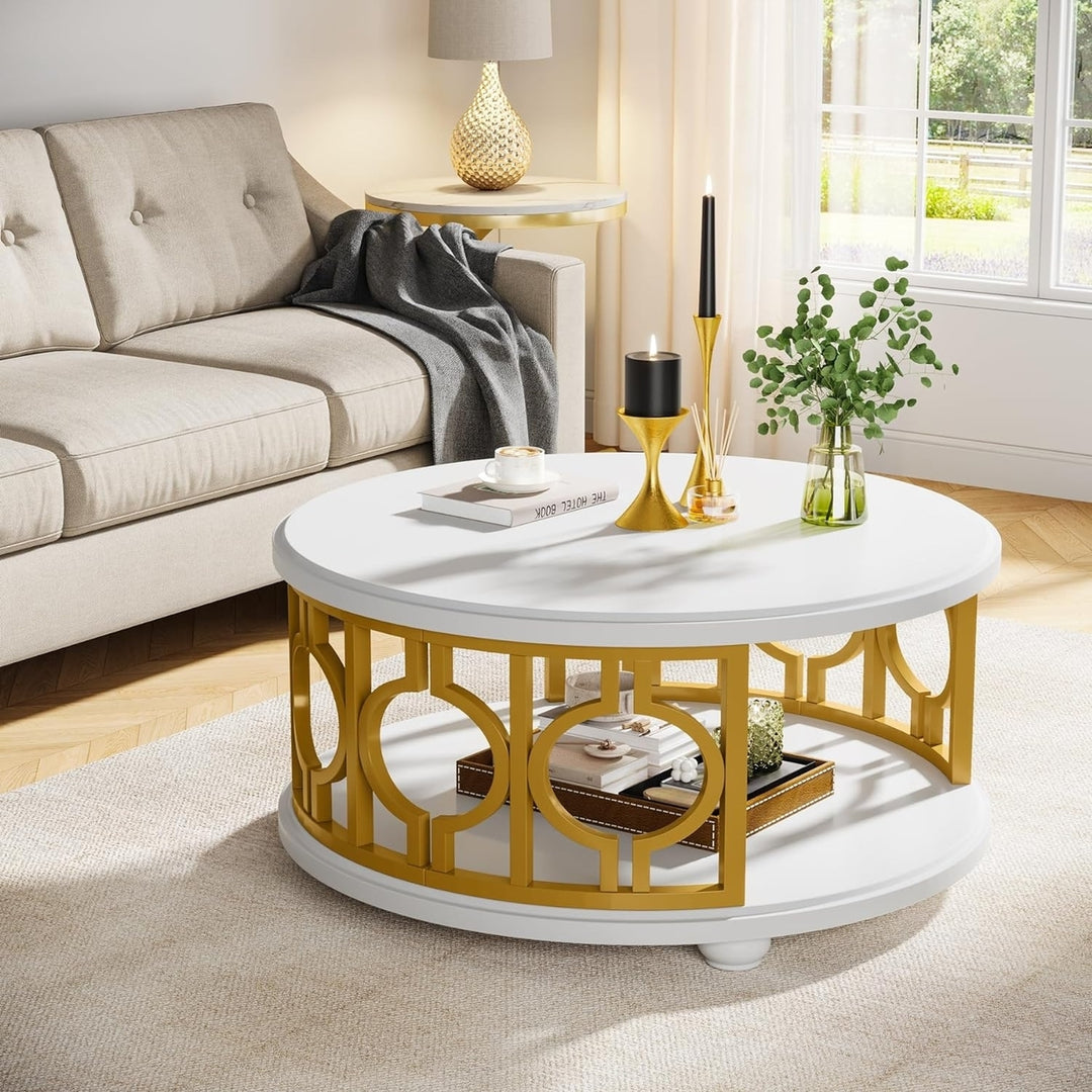 Tribesigns Round Coffee Table Modern White 2-Tier Storage Shelf Living Room Office Image 3