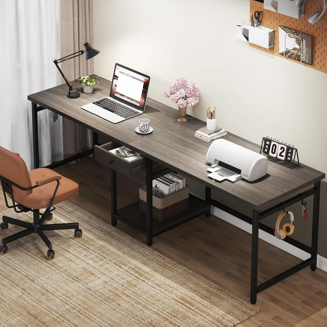 Tribesigns 79 Inch Extra Long Desk, Double Desk with 2 Drawers, Two Person Desk Long Computer Desk with Storage Shelve Image 1