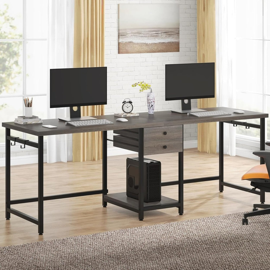 Tribesigns 79 Inch Extra Long Desk, Double Desk with 2 Drawers, Two Person Desk Long Computer Desk with Storage Shelve Image 2