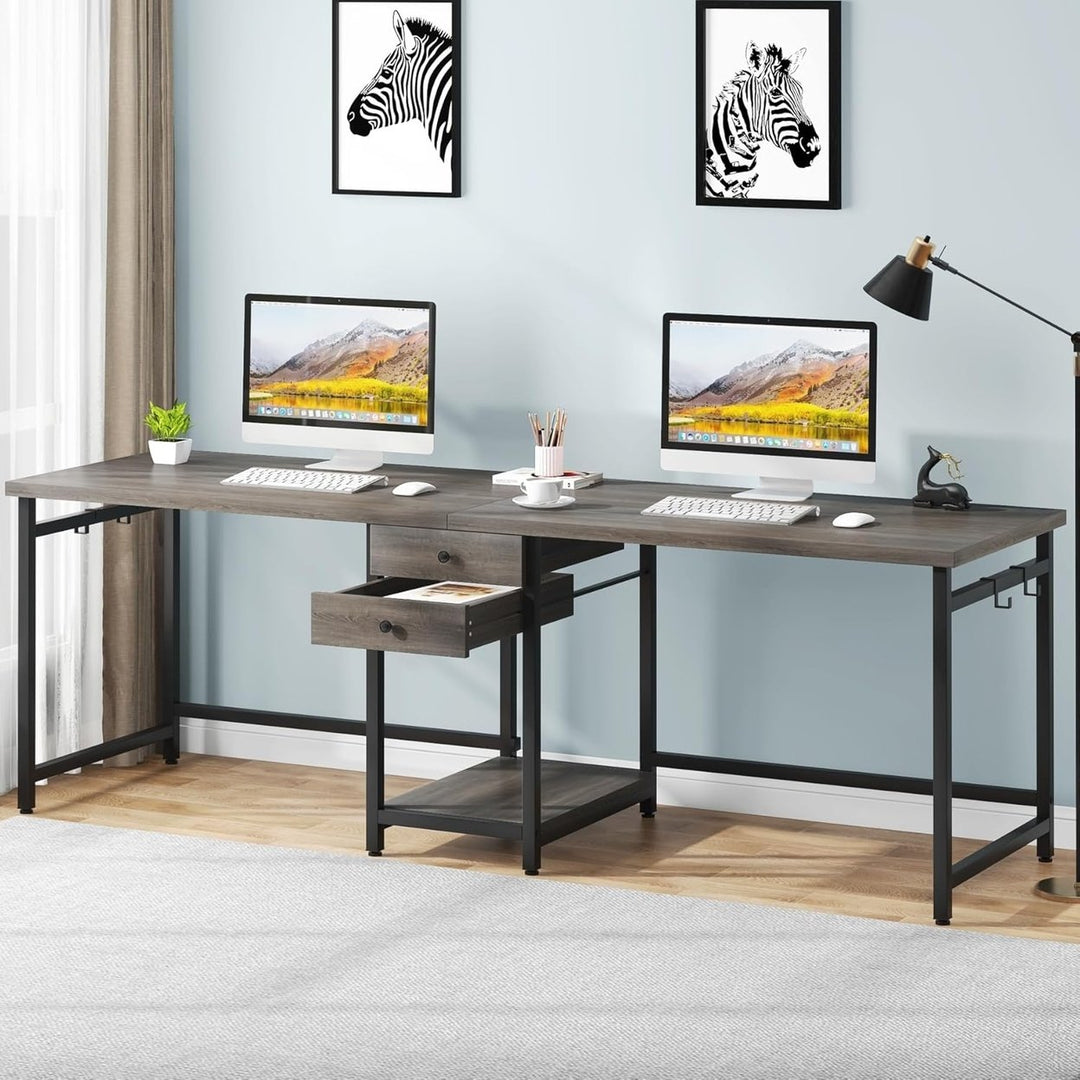 Tribesigns 79 Inch Extra Long Desk, Double Desk with 2 Drawers, Two Person Desk Long Computer Desk with Storage Shelve Image 3