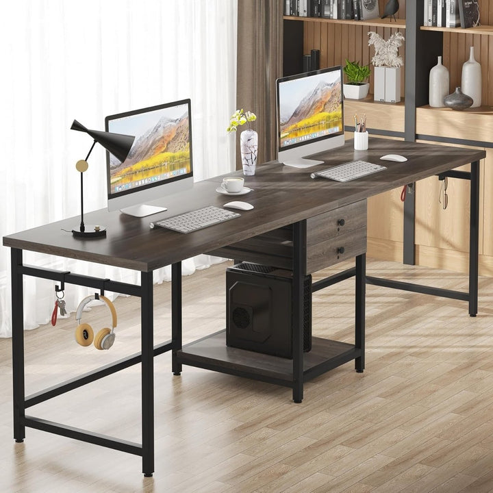 Tribesigns 79 Inch Extra Long Desk, Double Desk with 2 Drawers, Two Person Desk Long Computer Desk with Storage Shelve Image 4