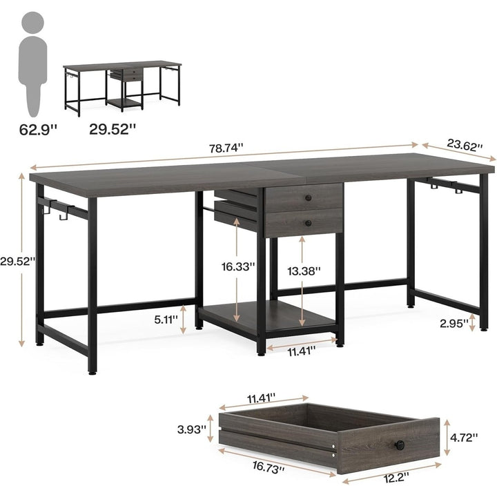 Tribesigns 79 Inch Extra Long Desk, Double Desk with 2 Drawers, Two Person Desk Long Computer Desk with Storage Shelve Image 6