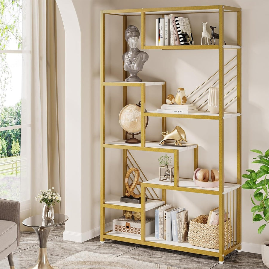 Tribesigns 70.9 Inches Tall Bookshelf, Modern 8-Tier Staggered Display Shelf with Faux Marble Shelves and Gold Metal Image 1