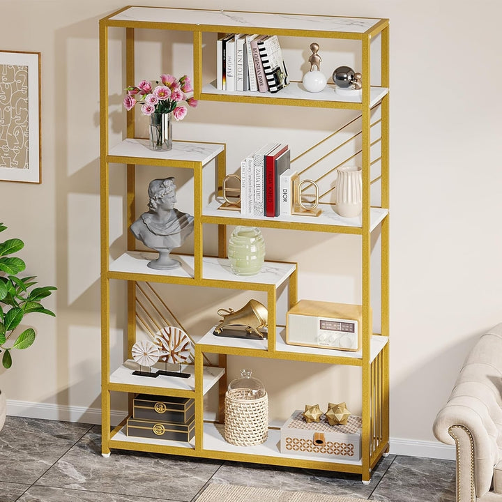 Tribesigns 70.9 Inches Tall Bookshelf, Modern 8-Tier Staggered Display Shelf with Faux Marble Shelves and Gold Metal Image 2