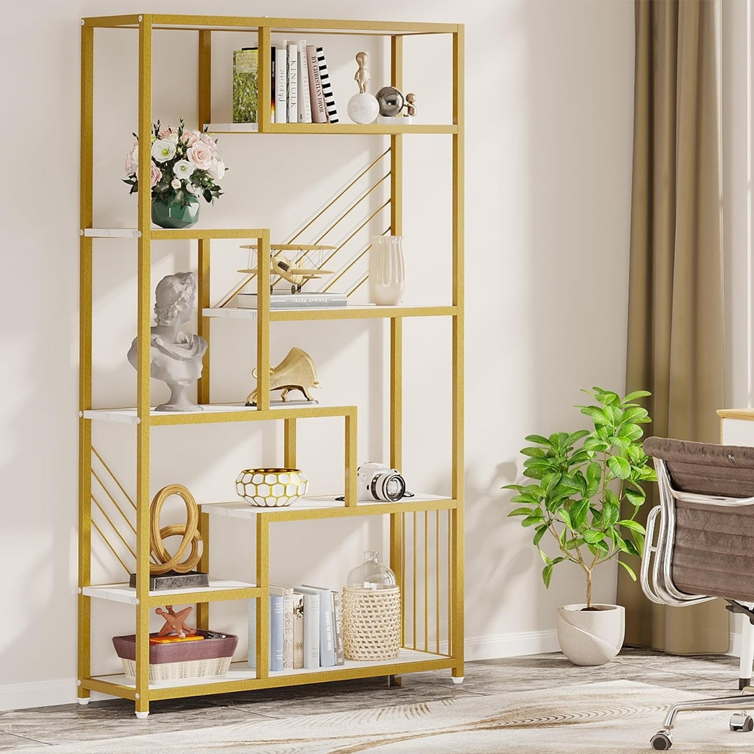 Tribesigns 70.9 Inches Tall Bookshelf, Modern 8-Tier Staggered Display Shelf with Faux Marble Shelves and Gold Metal Image 3