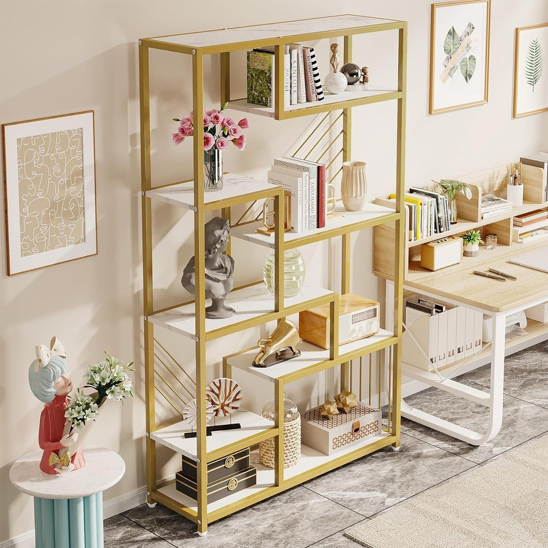 Tribesigns 70.9 Inches Tall Bookshelf, Modern 8-Tier Staggered Display Shelf with Faux Marble Shelves and Gold Metal Image 4