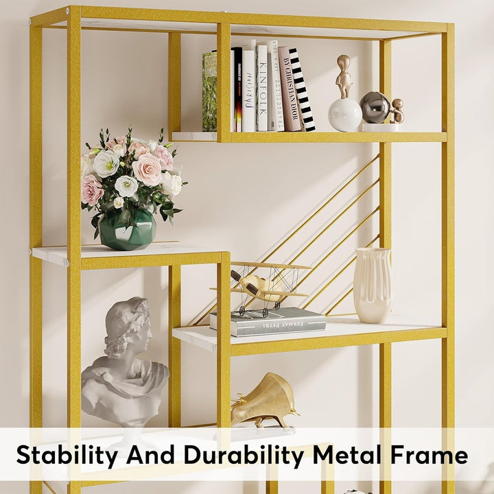 Tribesigns 70.9 Inches Tall Bookshelf, Modern 8-Tier Staggered Display Shelf with Faux Marble Shelves and Gold Metal Image 5