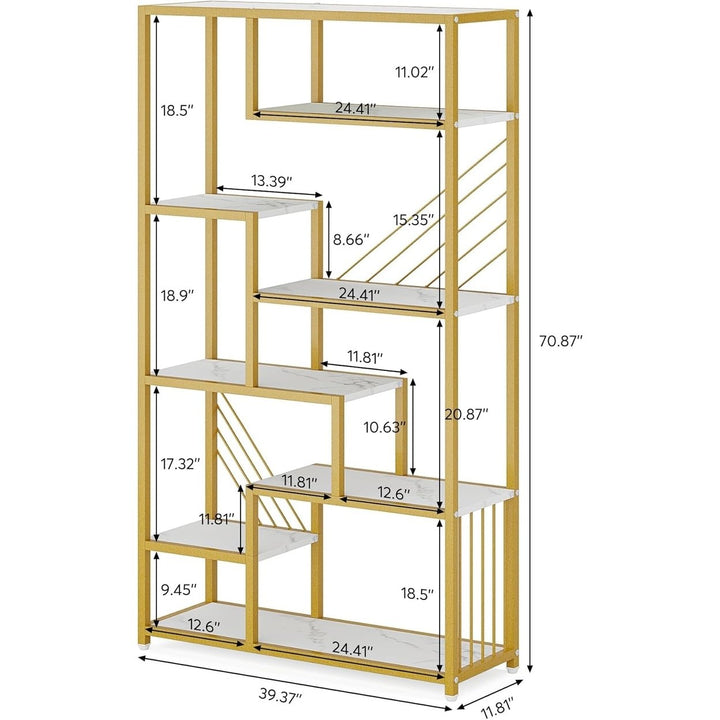 Tribesigns 70.9 Inches Tall Bookshelf, Modern 8-Tier Staggered Display Shelf with Faux Marble Shelves and Gold Metal Image 6