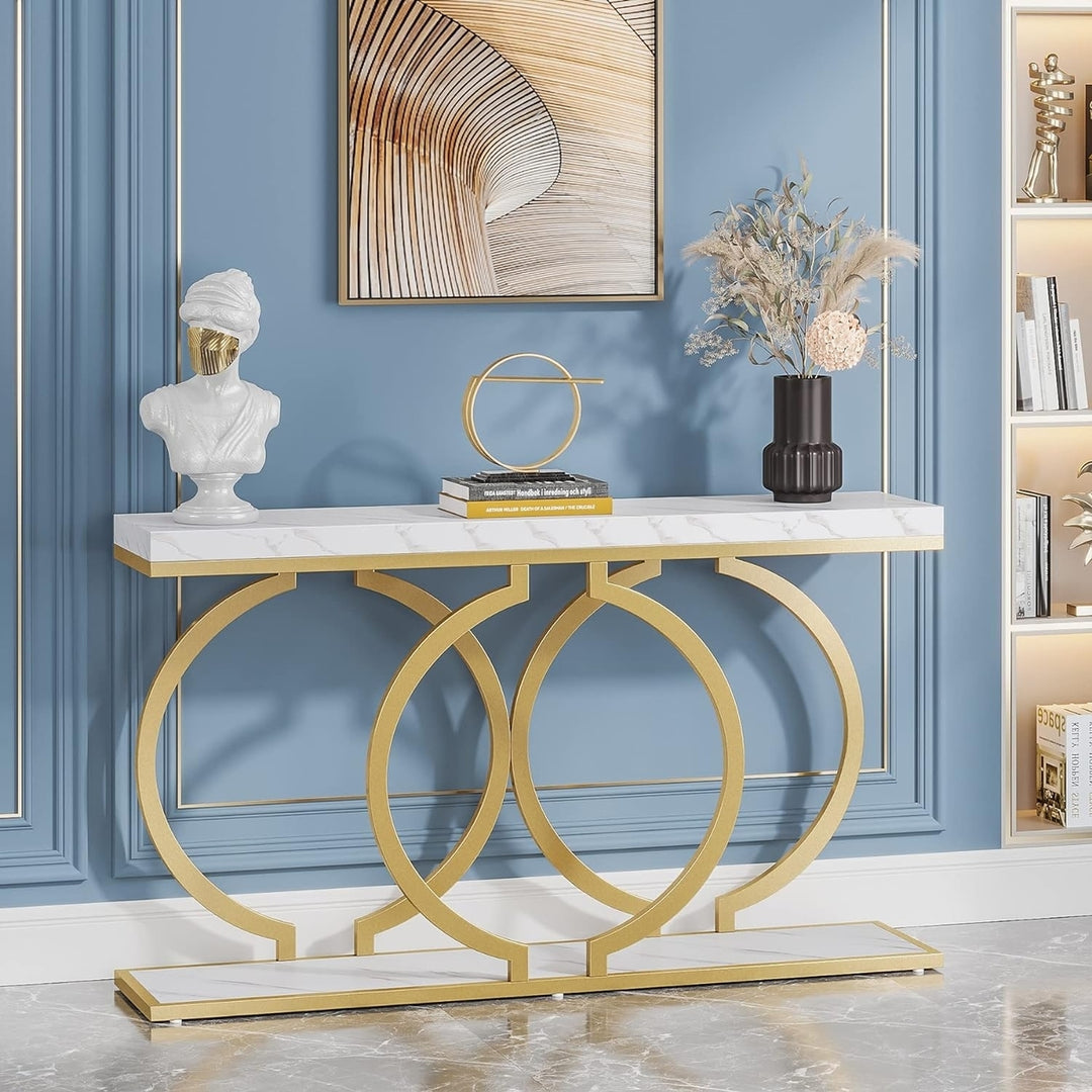 Tribesigns 55 inch Gold Console Table Faux Marble Entryway Table Living Room Image 3