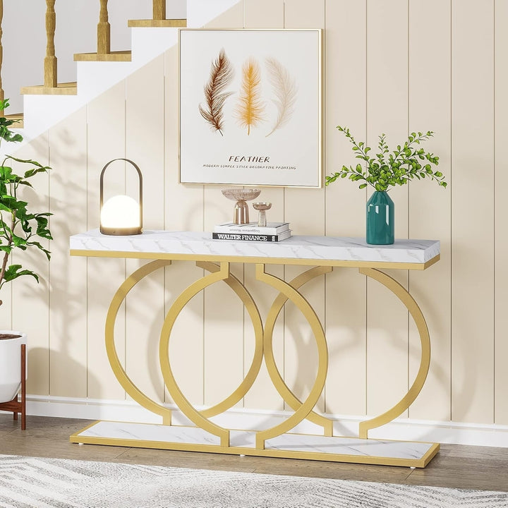 Tribesigns 55 inch Gold Console Table Faux Marble Entryway Table Living Room Image 4