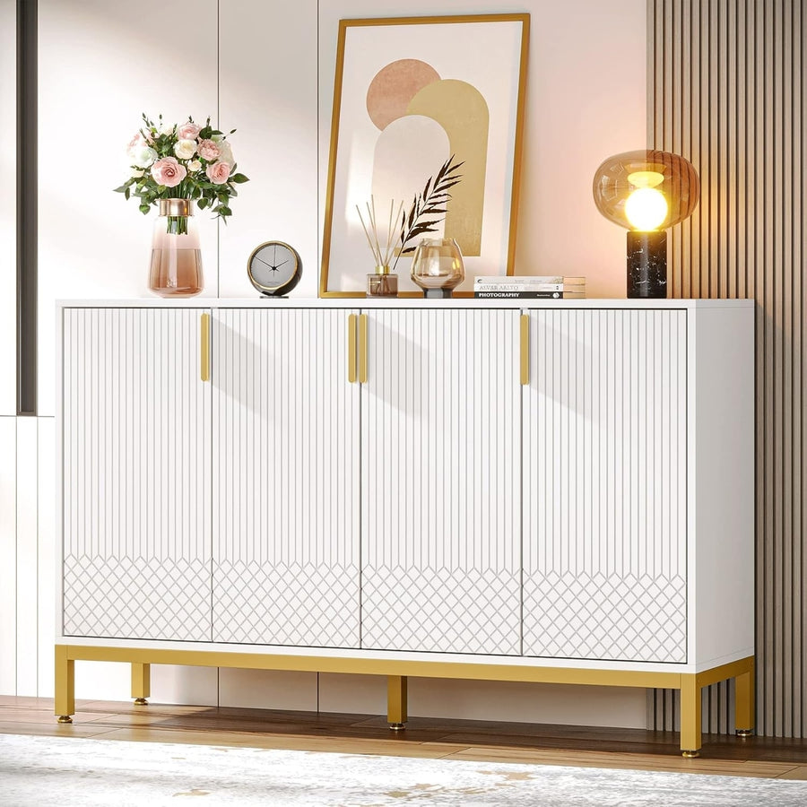 Tribesigns 59 Inch Modern Storage Cabinet White Gold Sideboard Buffet Cabinet 4 Doors Image 1