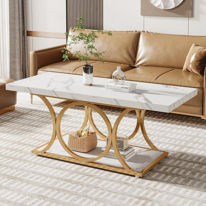 Tribesigns 47.24 Inch Modern Rectangular Coffee Table Faux Marble 2-Tier Gold Legs Image 1