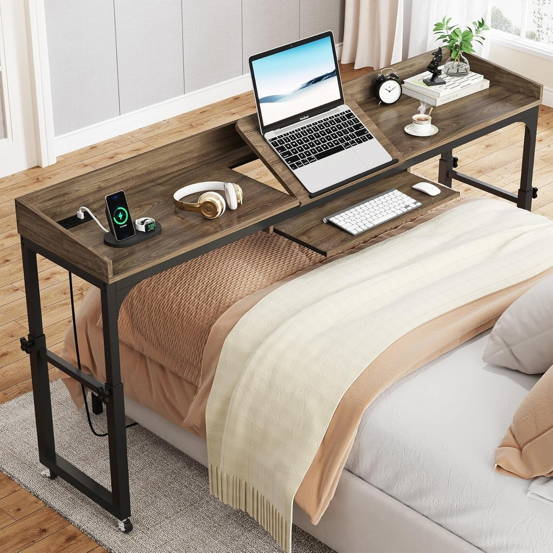 Tribesigns Height Adjustable Overbed Table with Wheels USB Ports Mobile Desk Image 1