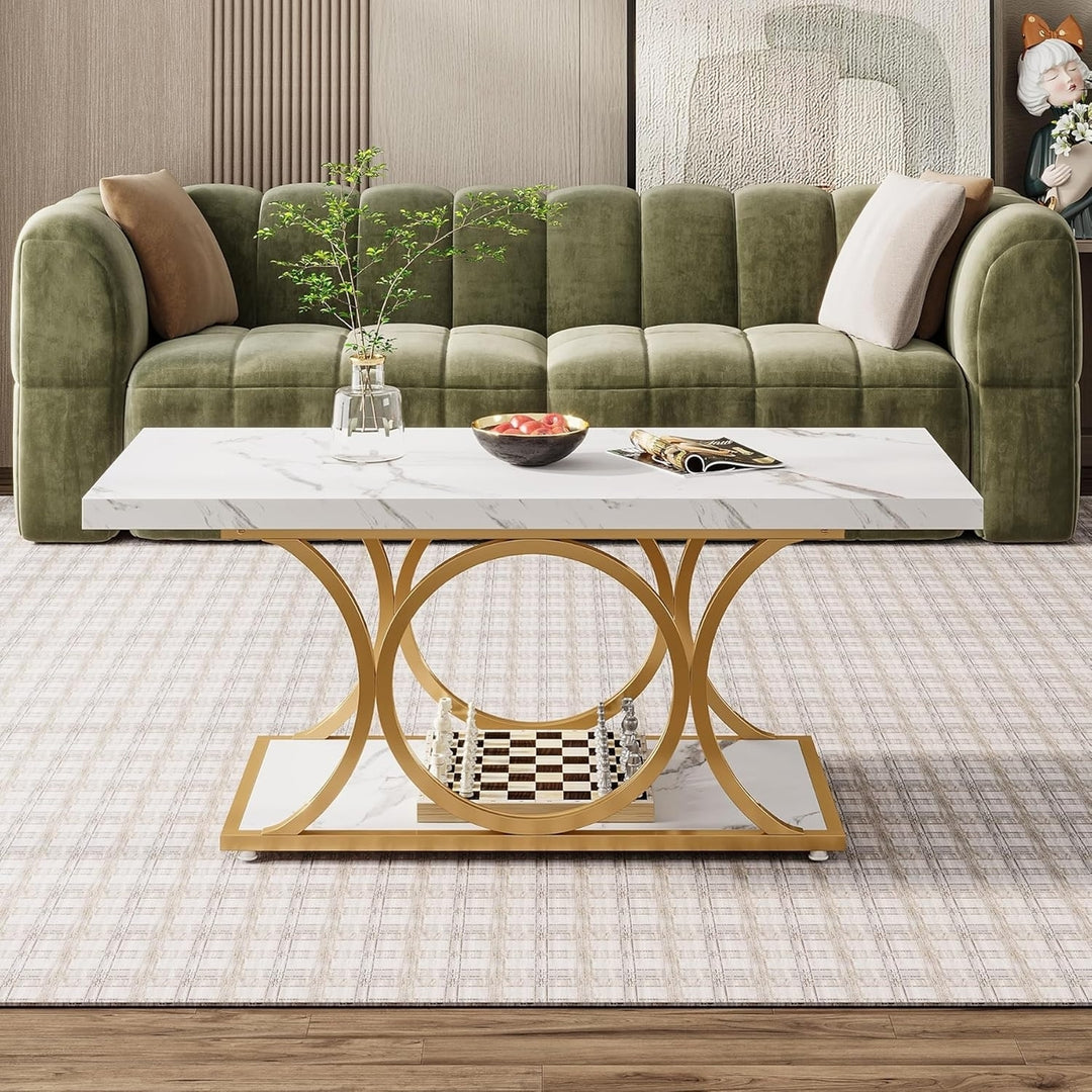 Tribesigns 47.24 Inch Modern Rectangular Coffee Table Faux Marble 2-Tier Gold Legs Image 3