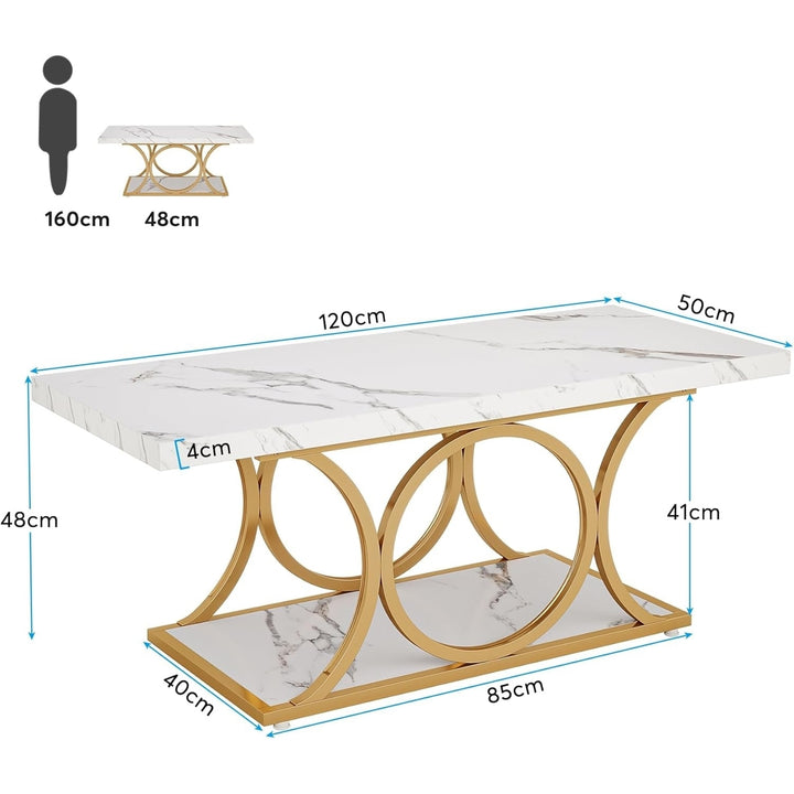 Tribesigns 47.24 Inch Modern Rectangular Coffee Table Faux Marble 2-Tier Gold Legs Image 6