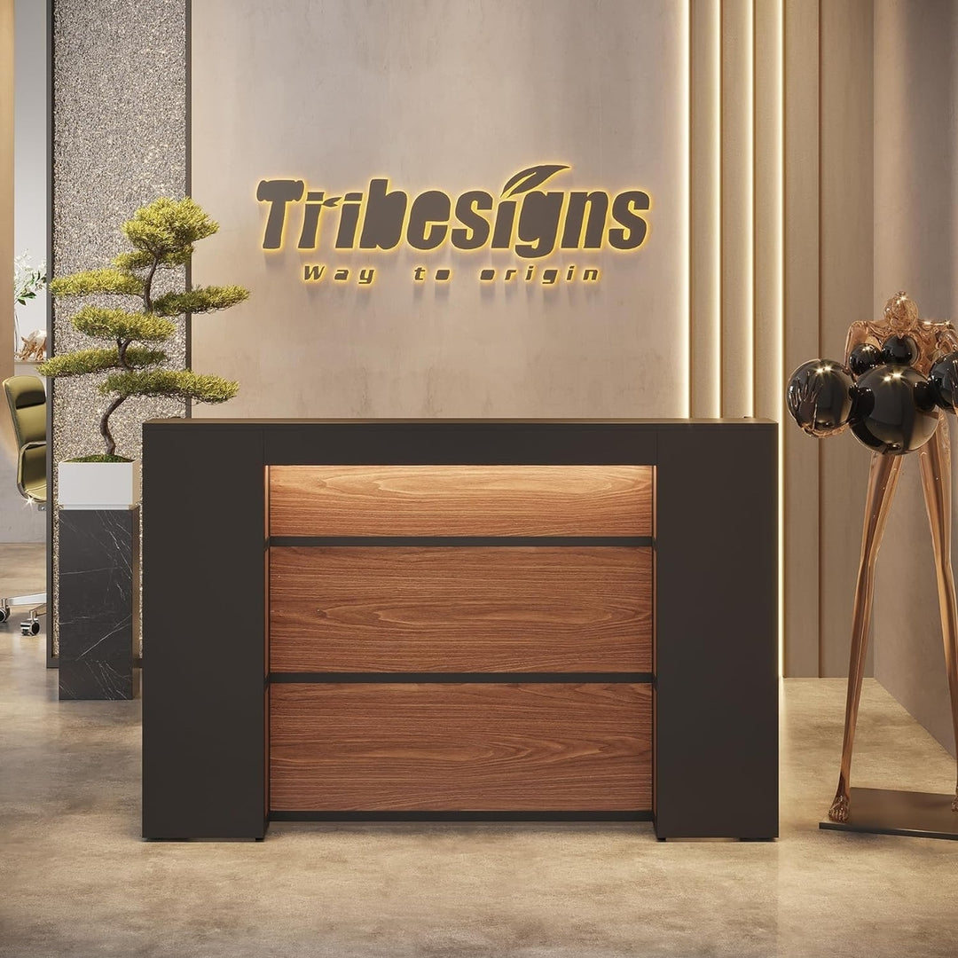 Tribesigns 63 Inch Modern Reception Desk with LED Lights Black Brown Large Counter Image 1