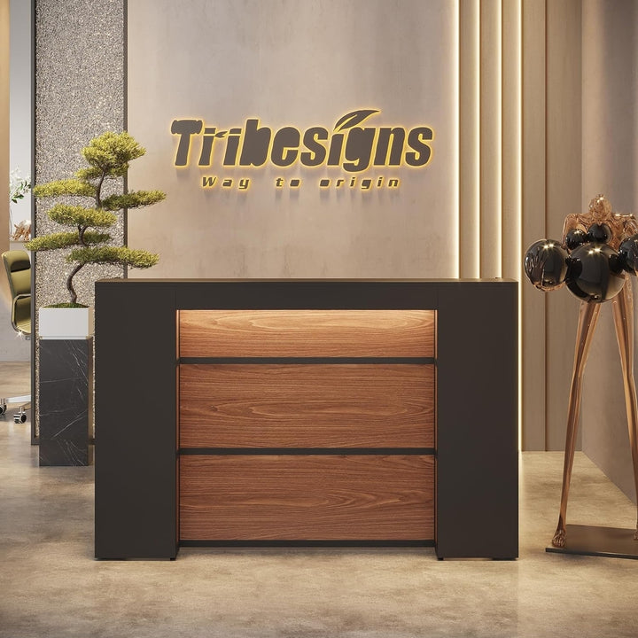 Tribesigns 63 Inch Modern Reception Desk with LED Lights Black Brown Large Counter Image 1